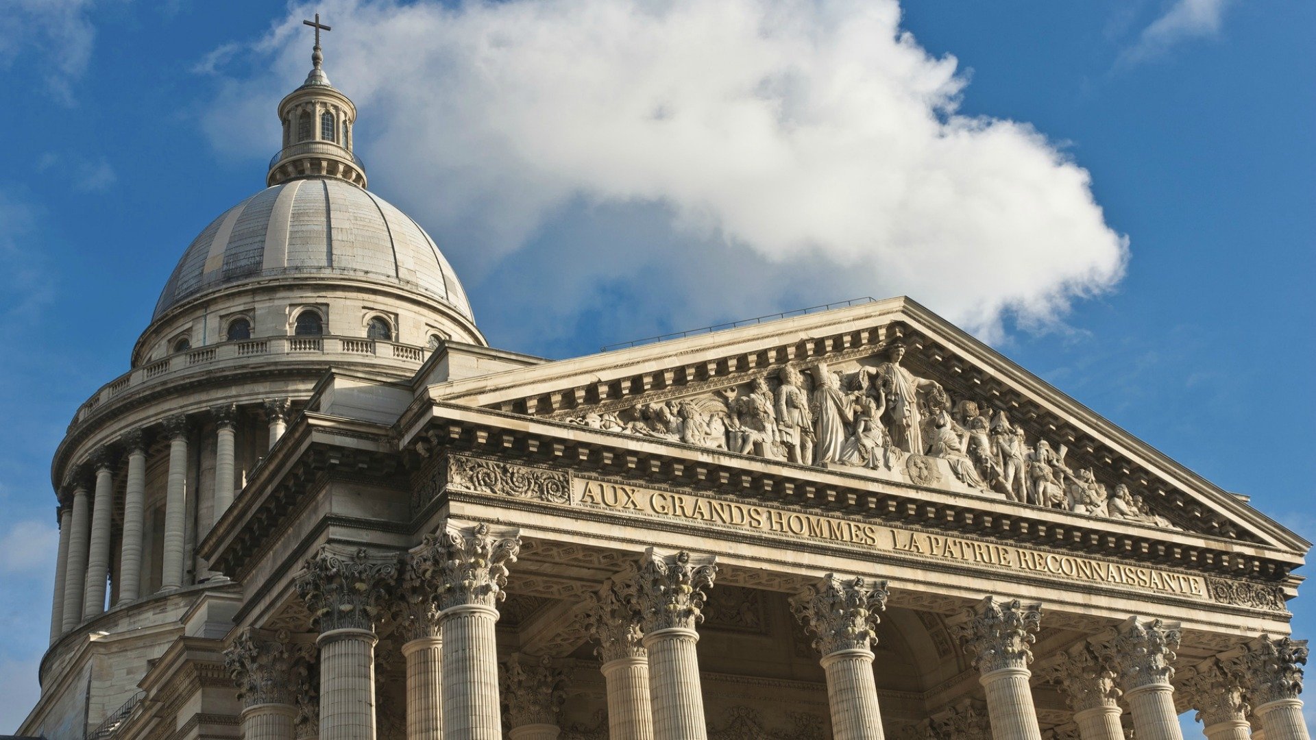 Close-up of the Pantheon’s intricate façade, highlighting its columns and sculptures.